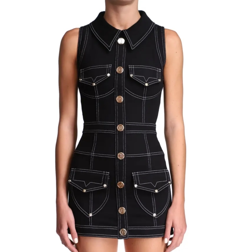 Authentic with Receipt- Balmain Short Topstitch Button Front Dress (46) (14US)